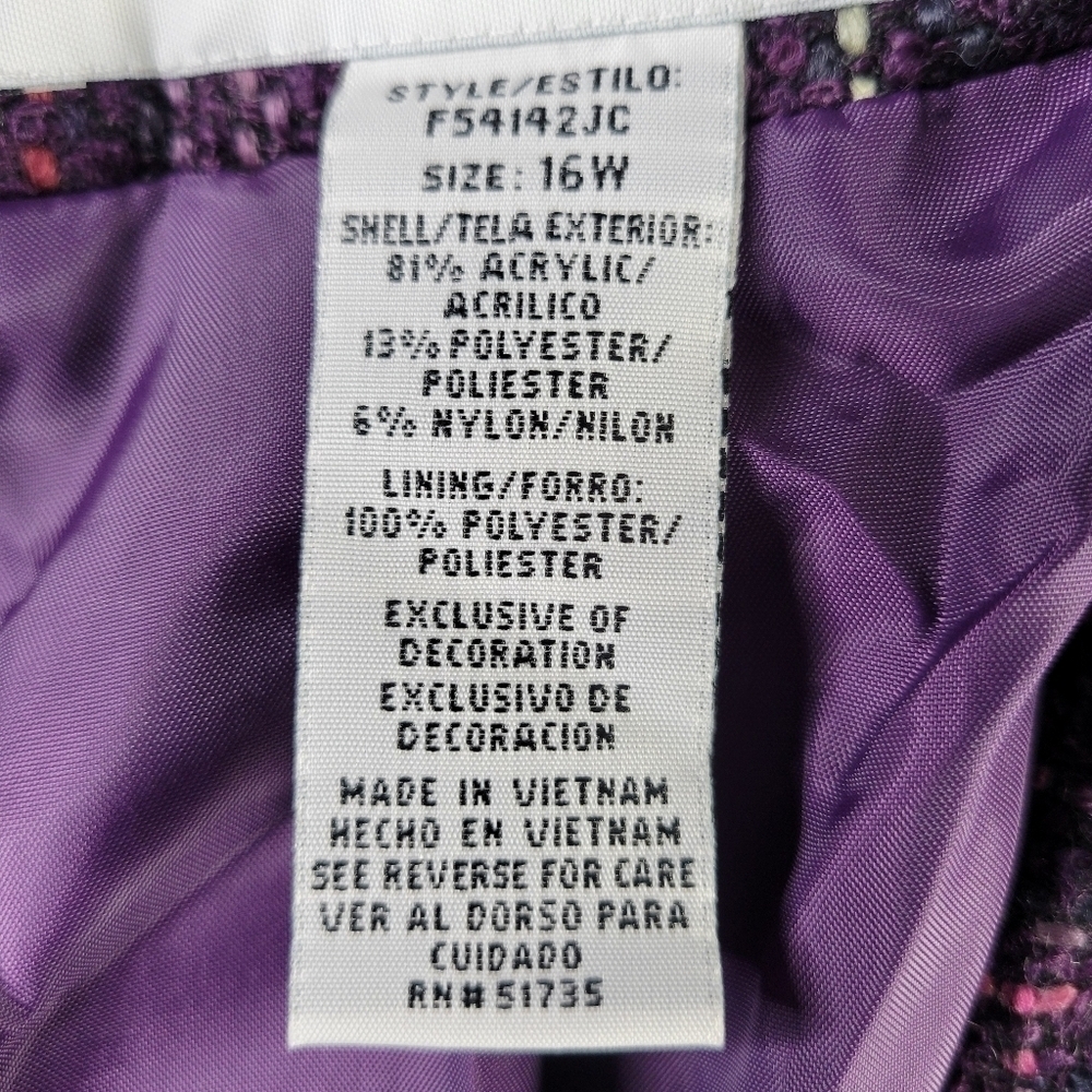 Sag Harbor Tweed Blazer Size 16W Fringe Trim Pockets Removable Pin Purple New - Picture 13 of 15